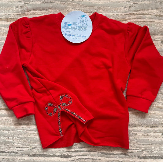 Youth Red Sweatshirt with Double Plaid Side Bows - Customizable Waist Band