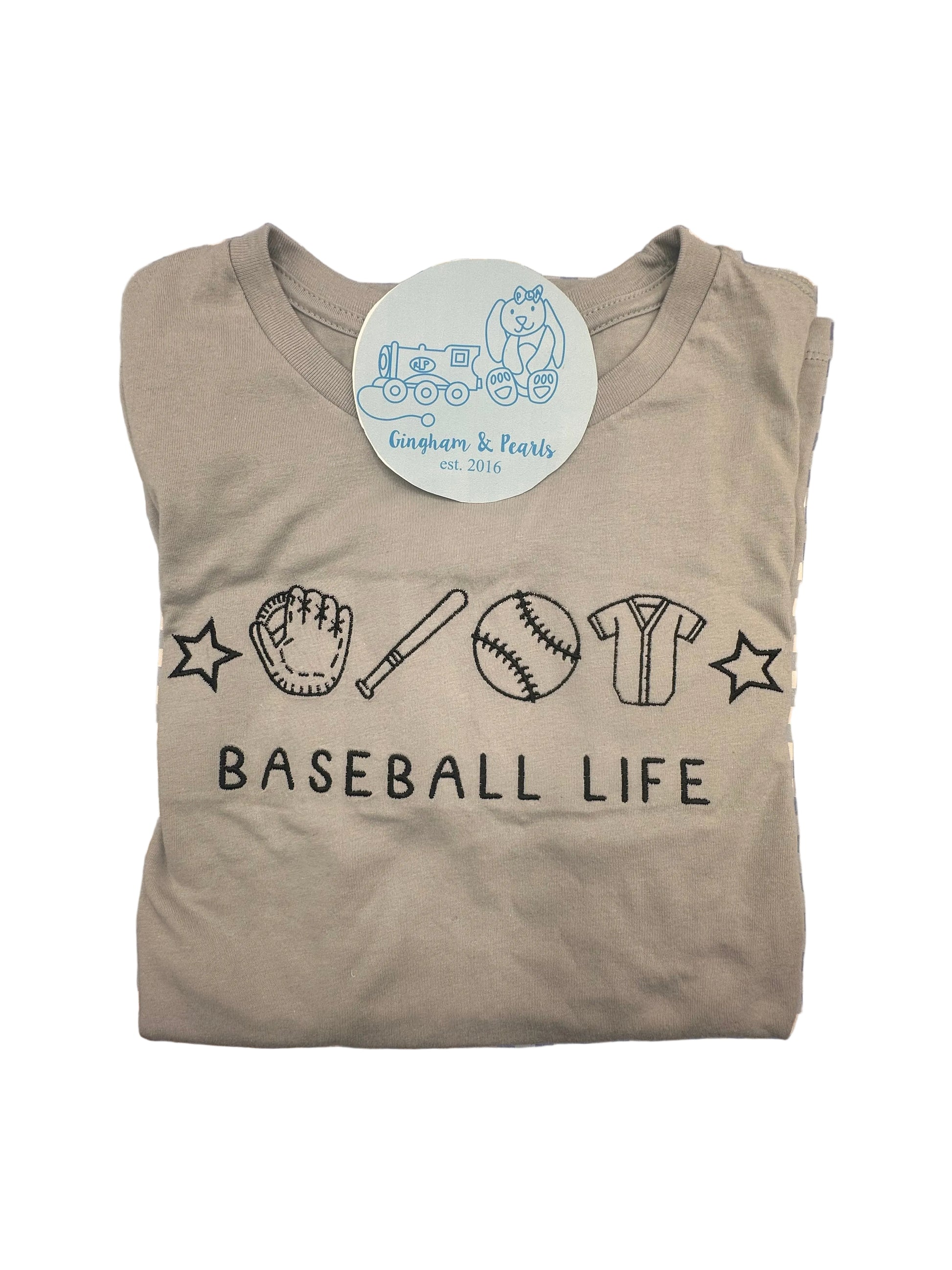 Gray t-shirt with 'Baseball Life' text and graphics on a 