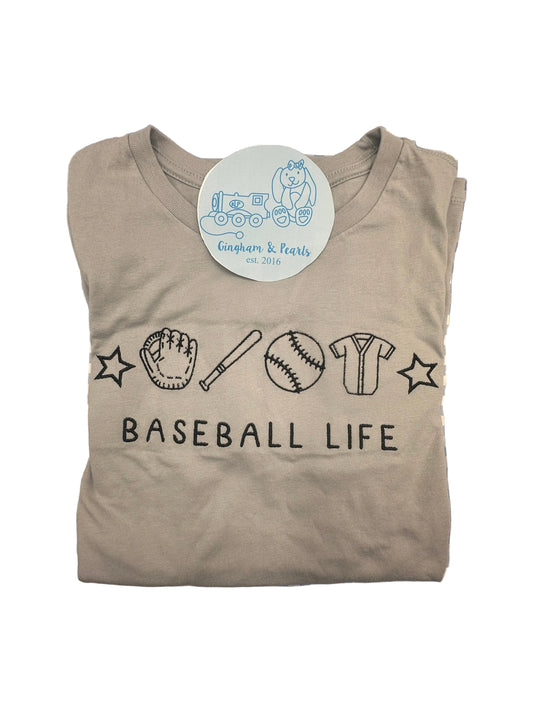 Gray t-shirt with 'Baseball Life' text and graphics on a 