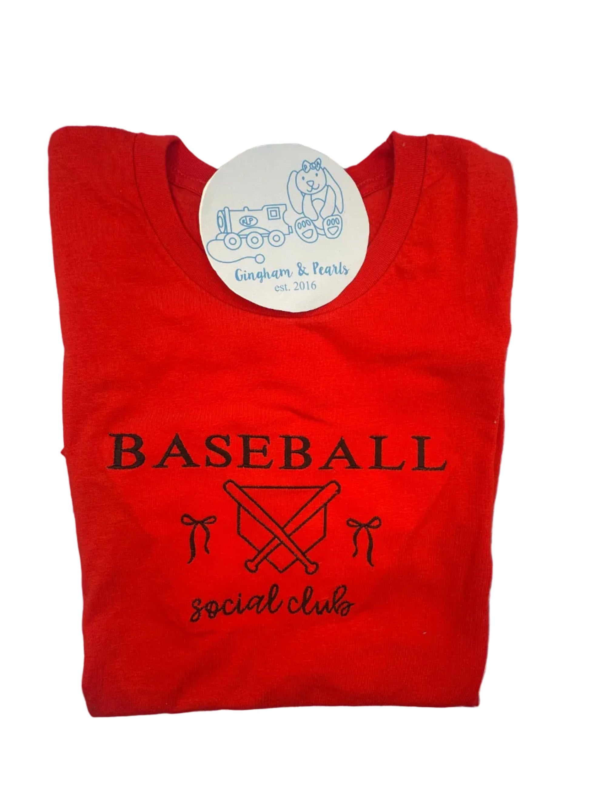 Red t-shirt with 'Baseball Social Club' text