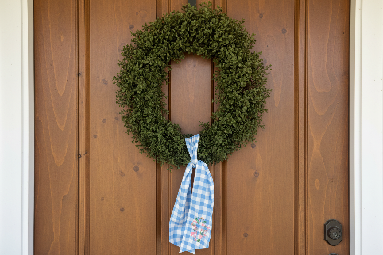 Blue gingham cross wreath sash
