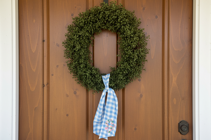 Blue gingham cross wreath sash