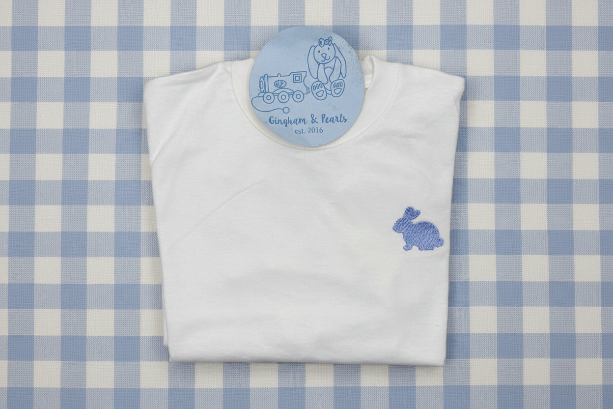 boys shirt with mini bunny embroidery design over left chest in blue thread color