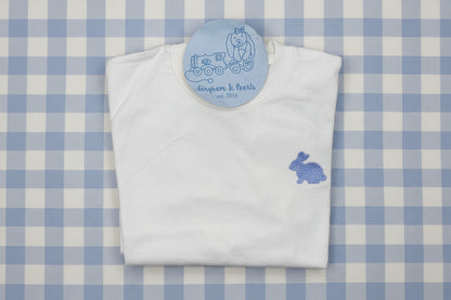 boys shirt with mini bunny embroidery design over left chest in blue thread color