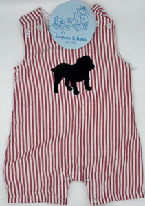 Game Day Ready: Red Seersucker Shortall with Black Applique Bulldog