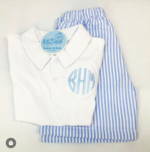 Load image into Gallery viewer, Monogrammed white polo with light blue seersucker short Set
