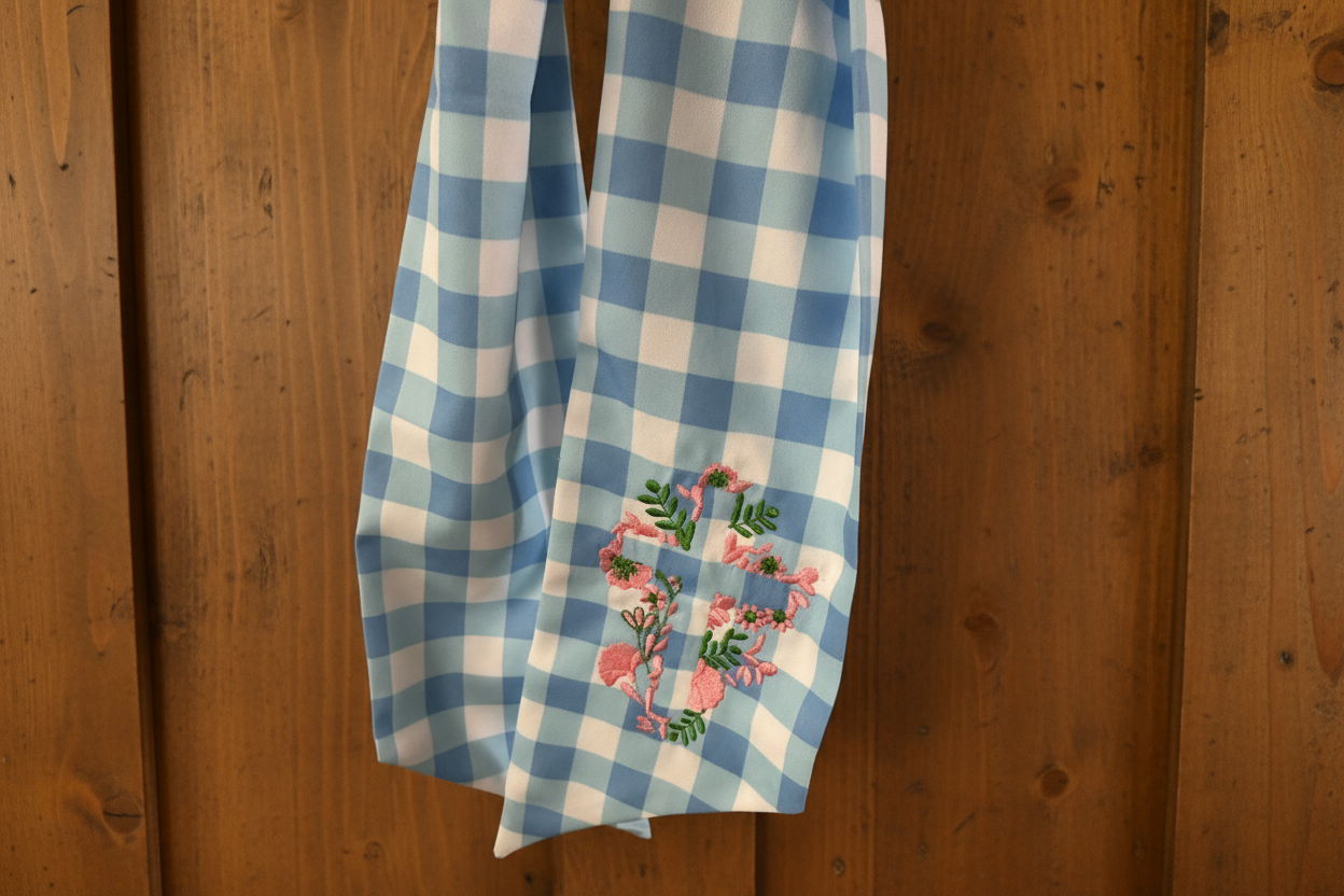 Blue and white gingham wreath sash with embroidered with floral cross on a wooden door