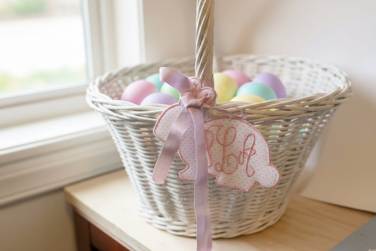 Wicker Easter basket with colorful eggs and a decorative tag on a wooden surface.
