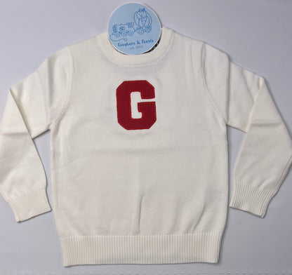 Game Day Ready: Youth White Varsity Letter Sweater featuring a Red applique letter G