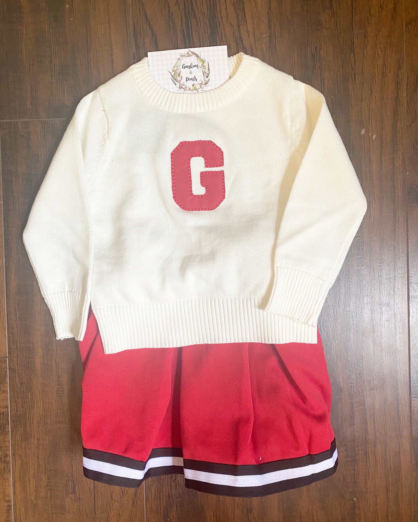 Game Day Ready: Youth White Varsity Letter Sweater featuring a Red applique letter G
