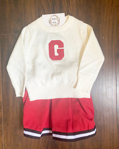 Game Day Ready: Adult White Varsity Letter Sweater featuring a Red applique letter G